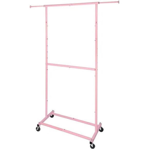 Double Rod Clothing Garment Rack, Metal Organizer with Lockable Wheels (Pink) - Picture 2 of 6